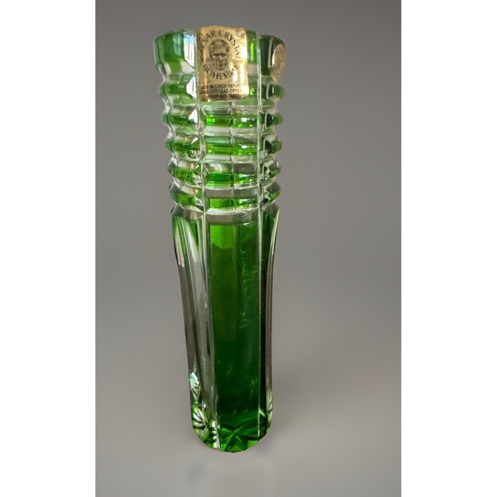 Vintage 6" CAESAR CRYSTAL Bohemiae Czech Green bud Vase Hand Cut